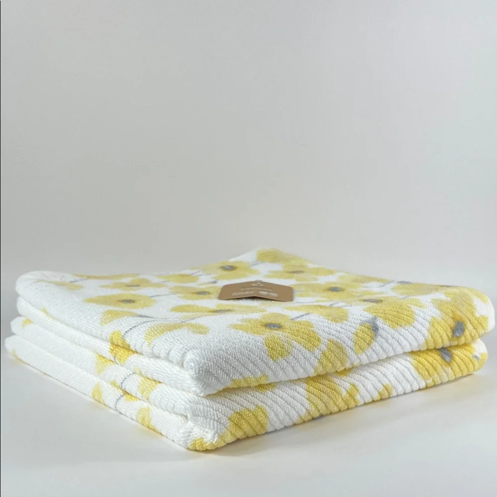 Deborah Connolly Bath Towels Yellow White Floral Soft 100% Cotton Set of 2 NEW
